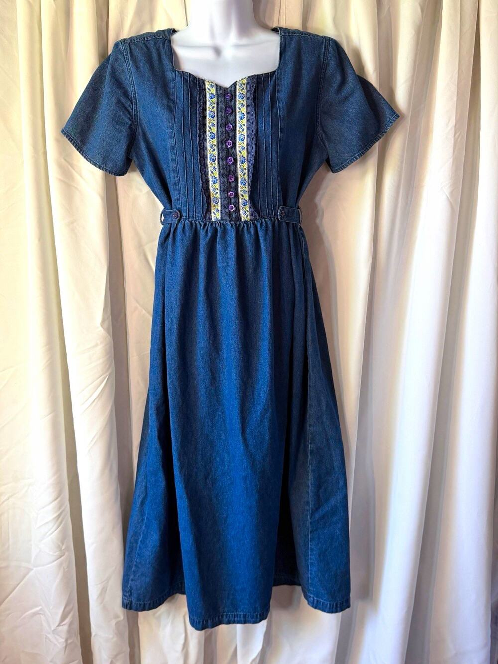 Vintage 90s Blue Floral Denim Cottagecore Milkmaid Midi Dress Petite Medium